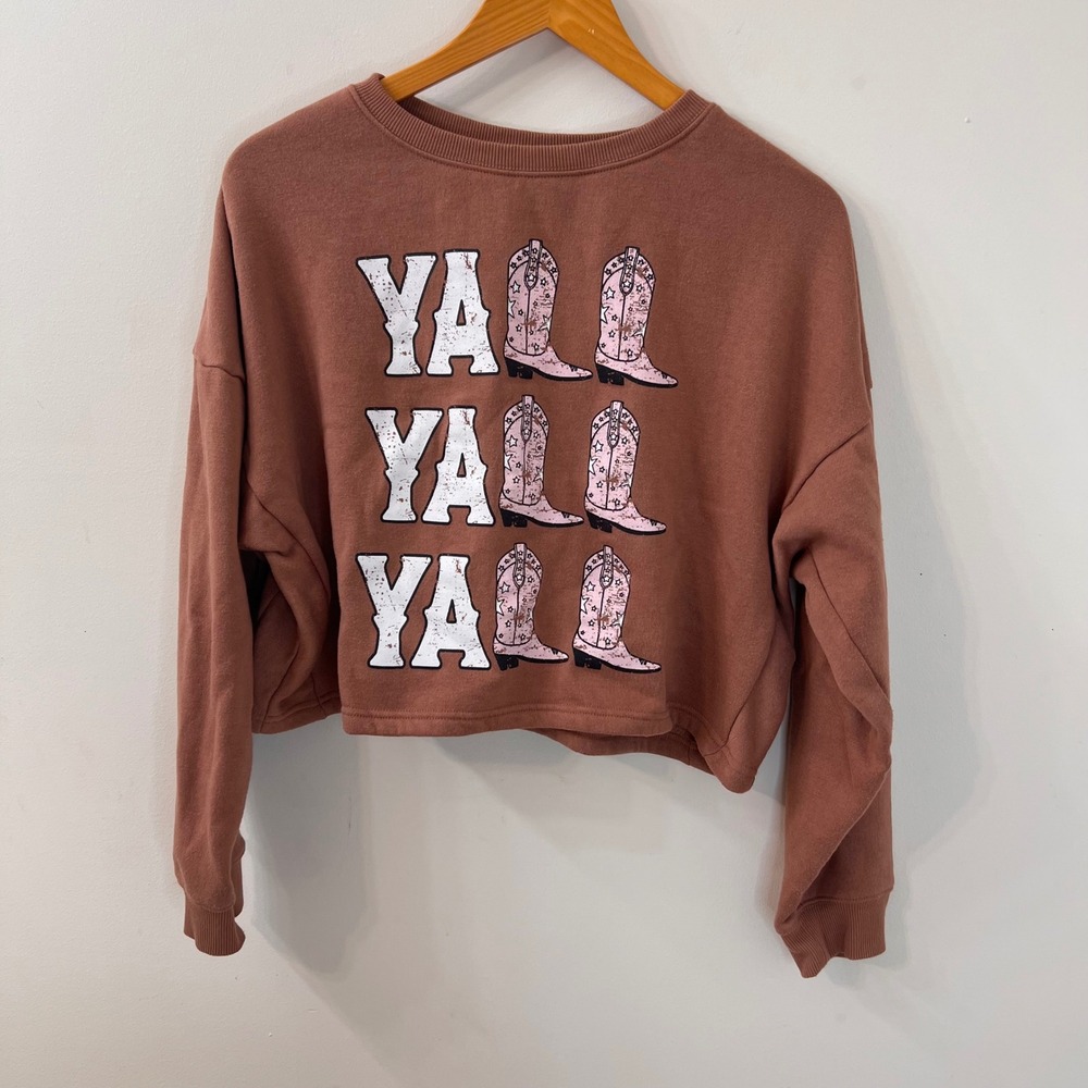 Range by Rock and Roll Denim YALL Cowboy Boots Cropped Sweatshirt Brown Medium